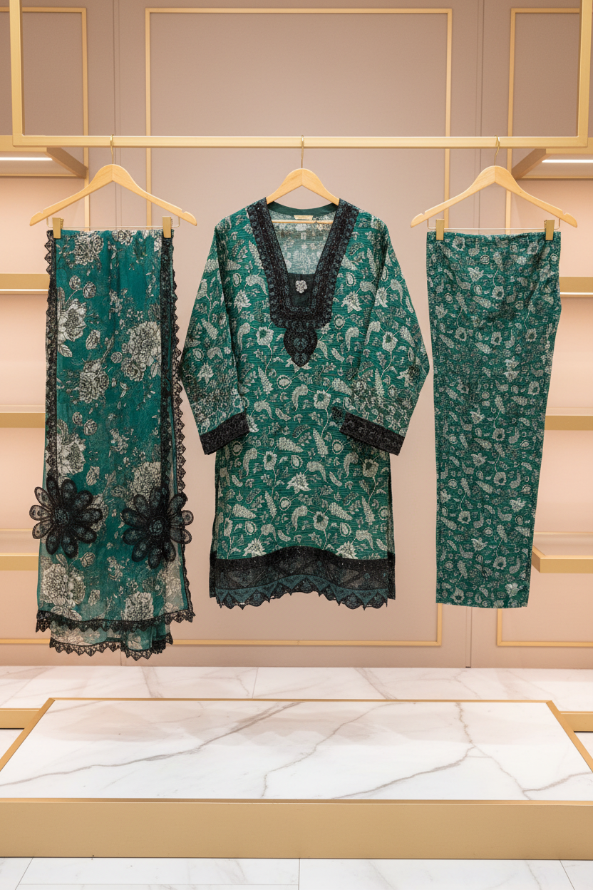 Emerald Green Premium Printed Lawn Suit | Embroidered Neck | 3D Floral Appliqué | Designer Dupatta