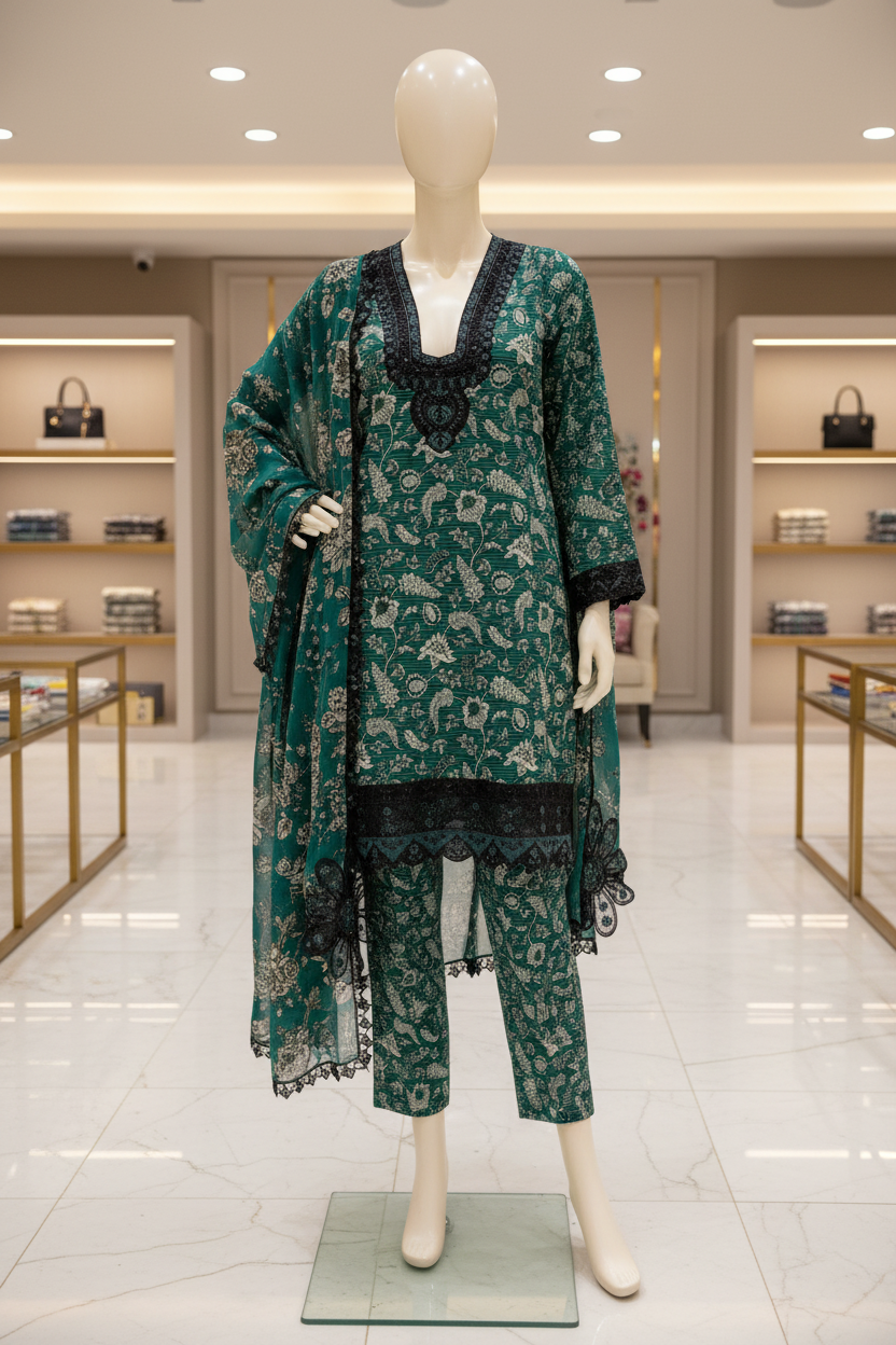 Emerald Green Premium Printed Lawn Suit | Embroidered Neck | 3D Floral Appliqué | Designer Dupatta