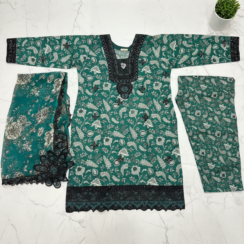 Emerald Green Premium Printed Lawn Suit | Embroidered Neck | 3D Floral Appliqué | Designer Dupatta