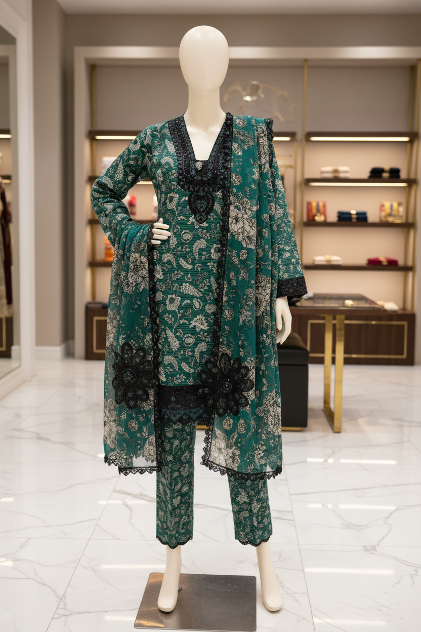 Emerald Green Premium Printed Lawn Suit | Embroidered Neck | 3D Floral Appliqué | Designer Dupatta