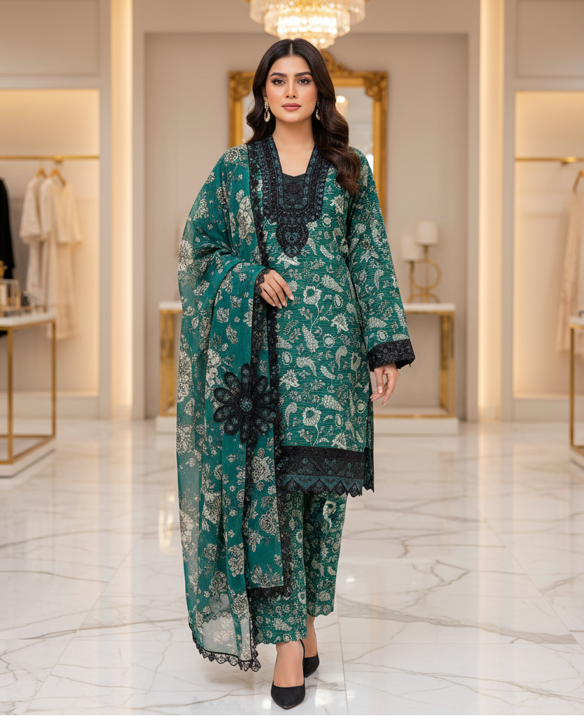 Emerald Green Premium Printed Lawn Suit | Embroidered Neck | 3D Floral Appliqué | Designer Dupatta