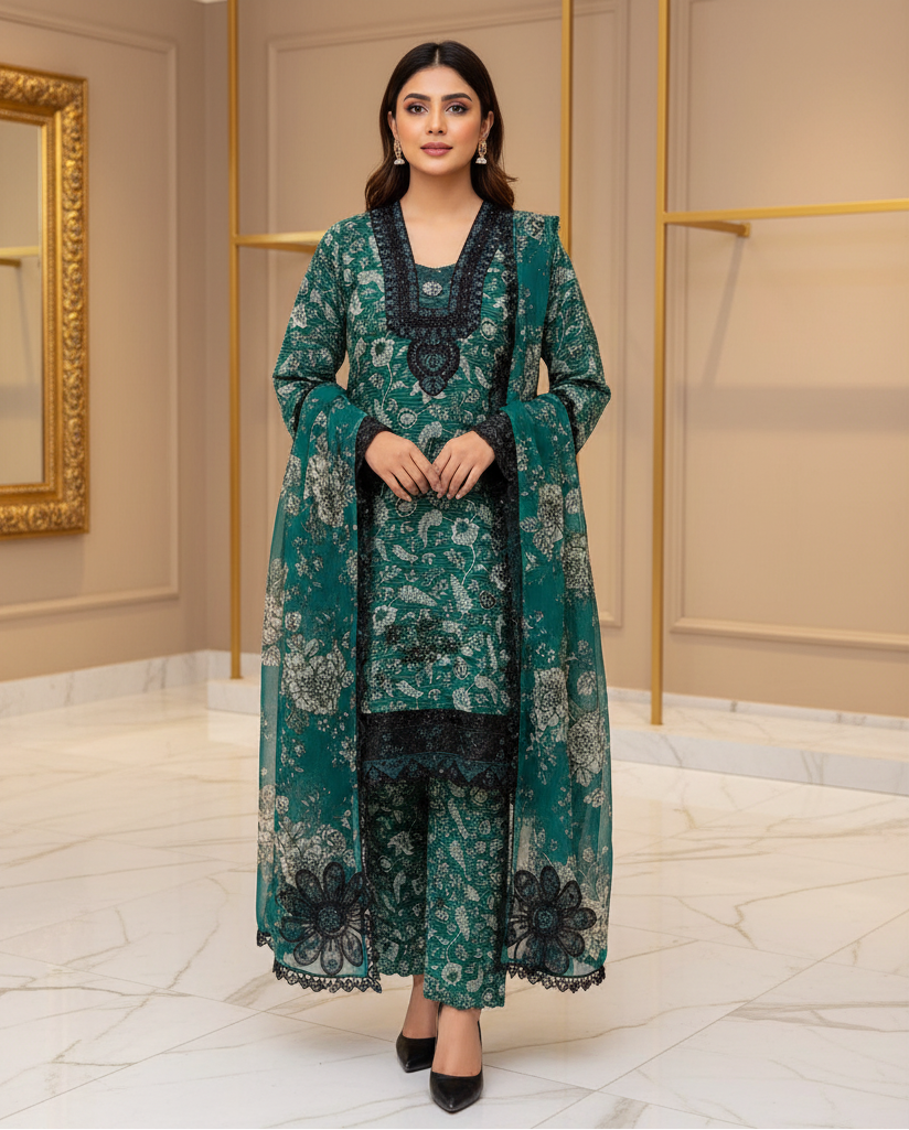 Emerald Green Premium Printed Lawn Suit | Embroidered Neck | 3D Floral Appliqué | Designer Dupatta