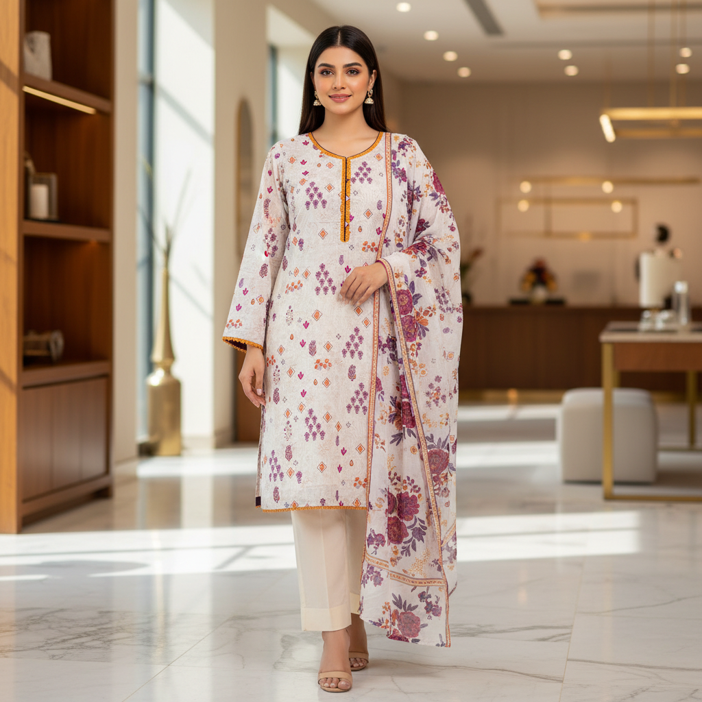 Ivory Meadow Bloom | Premium Printed Lawn | 3 Piece Suit | Summer Casual Wear