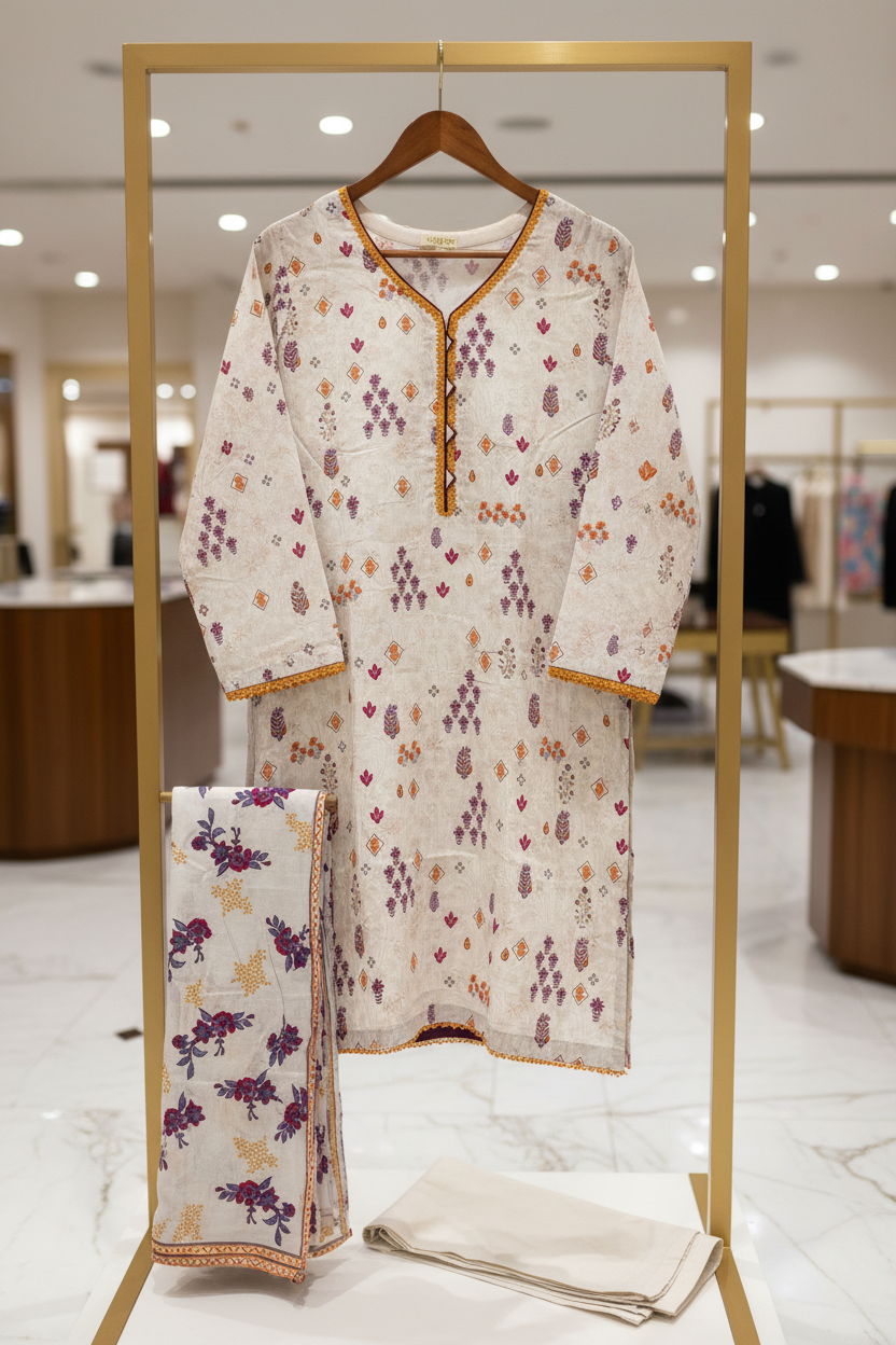 Ivory Meadow Bloom | Premium Printed Lawn | 3 Piece Suit | Summer Casual Wear