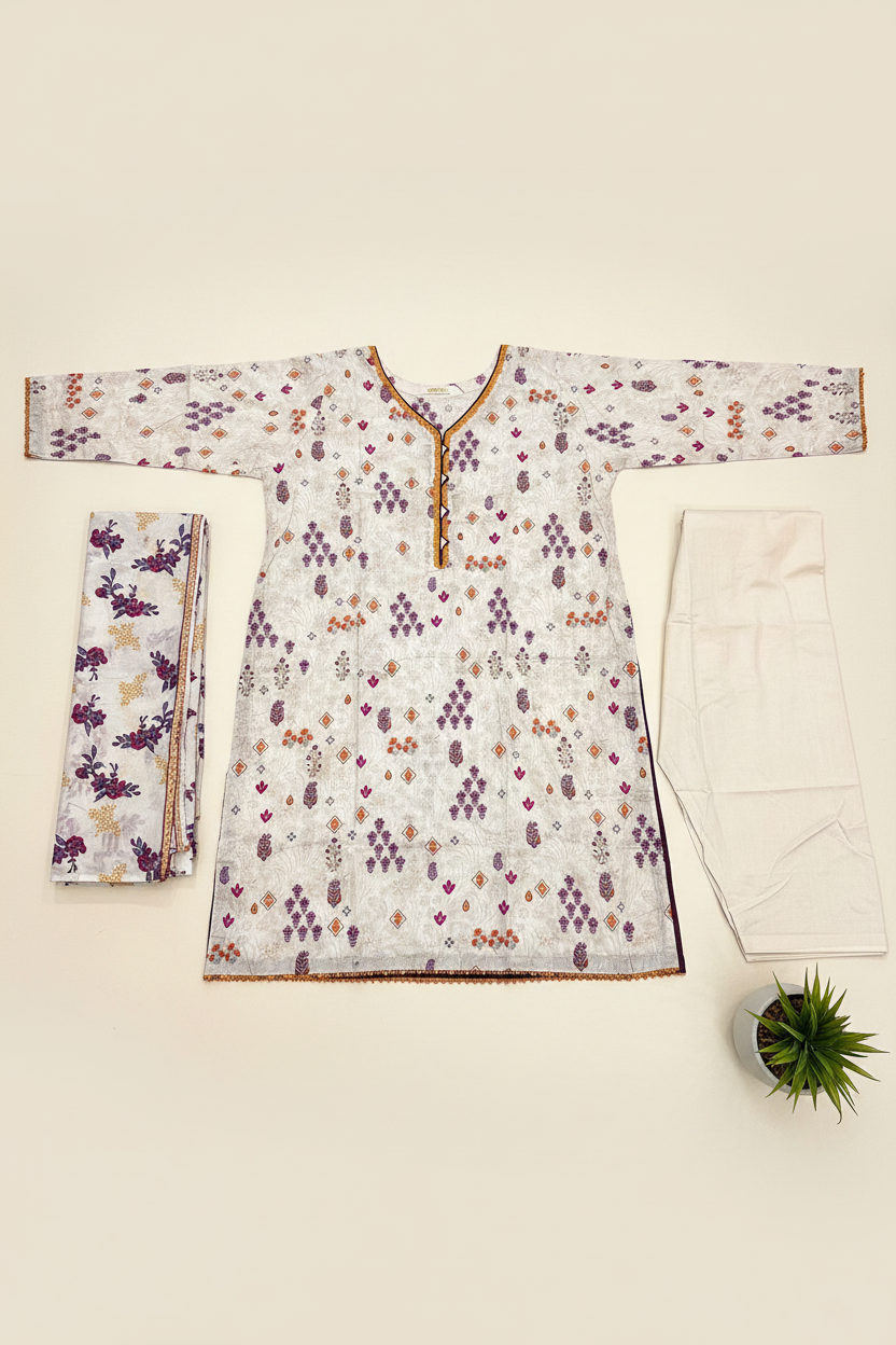 Ivory Meadow Bloom | Premium Printed Lawn | 3 Piece Suit | Summer Casual Wear