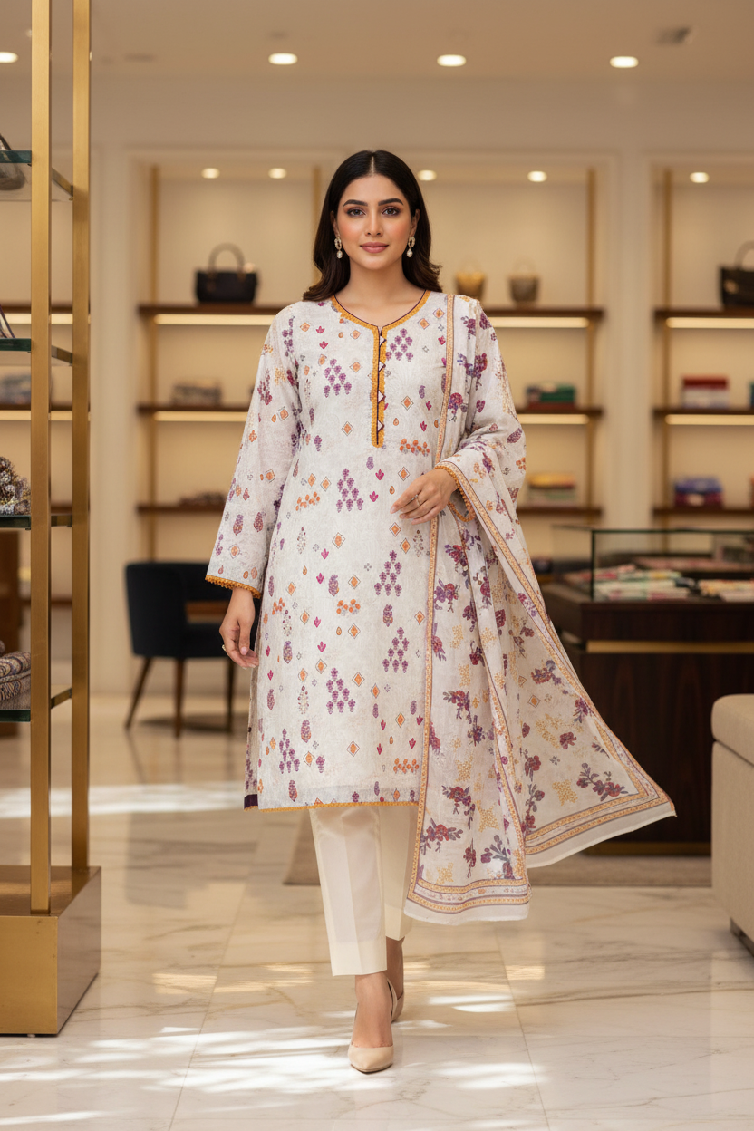 Ivory Meadow Bloom | Premium Printed Lawn | 3 Piece Suit | Summer Casual Wear