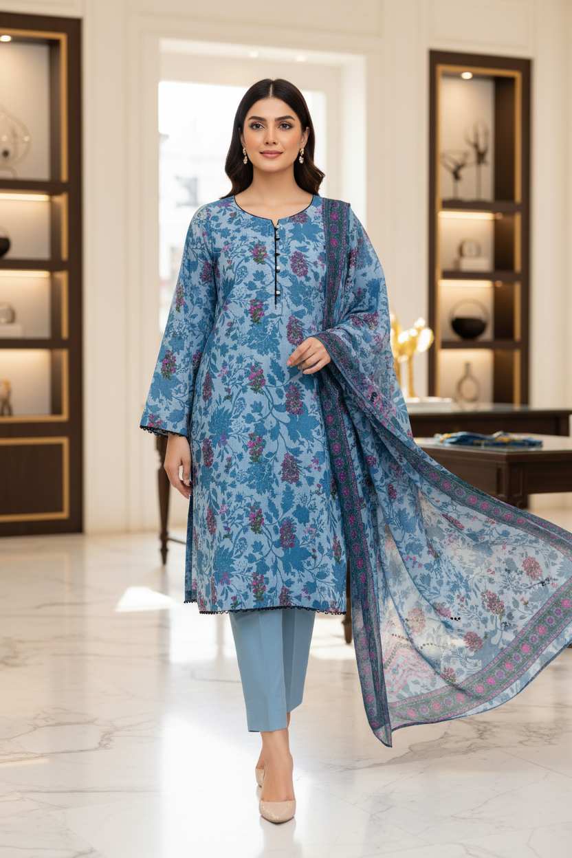 Azure Botanical | Premium Printed Lawn | 3 Piece Suit | Summer Casual Wear