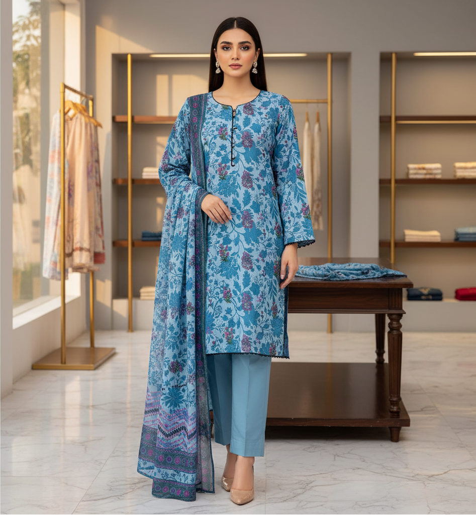 Azure Botanical | Premium Printed Lawn | 3 Piece Suit | Summer Casual Wear
