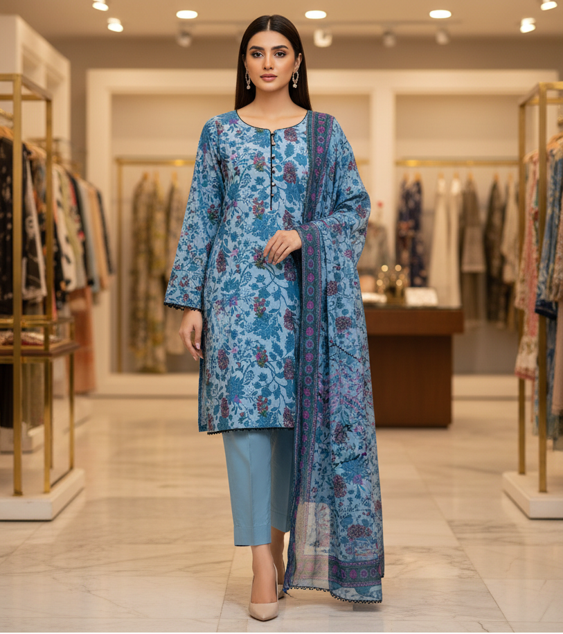 Azure Botanical | Premium Printed Lawn | 3 Piece Suit | Summer Casual Wear