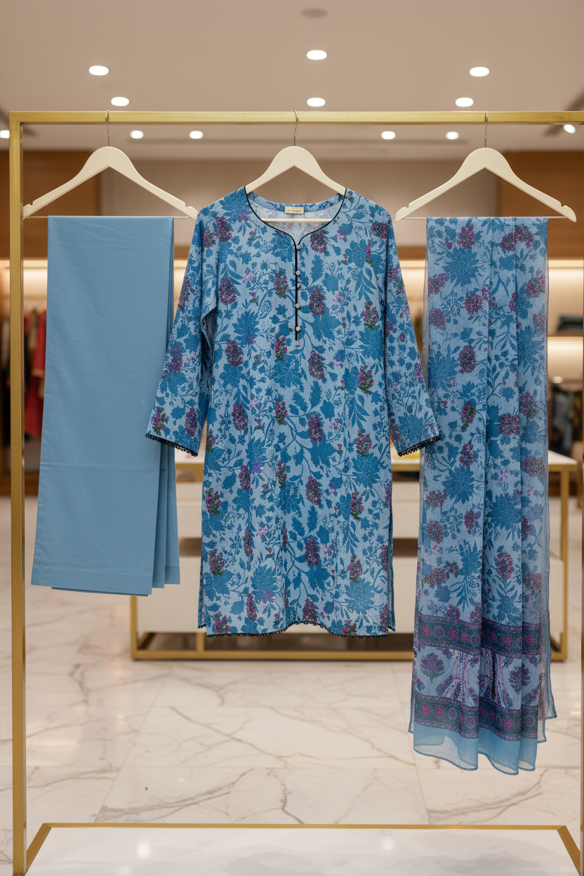 Azure Botanical | Premium Printed Lawn | 3 Piece Suit | Summer Casual Wear