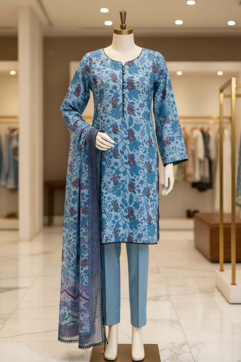 Azure Botanical | Premium Printed Lawn | 3 Piece Suit | Summer Casual Wear