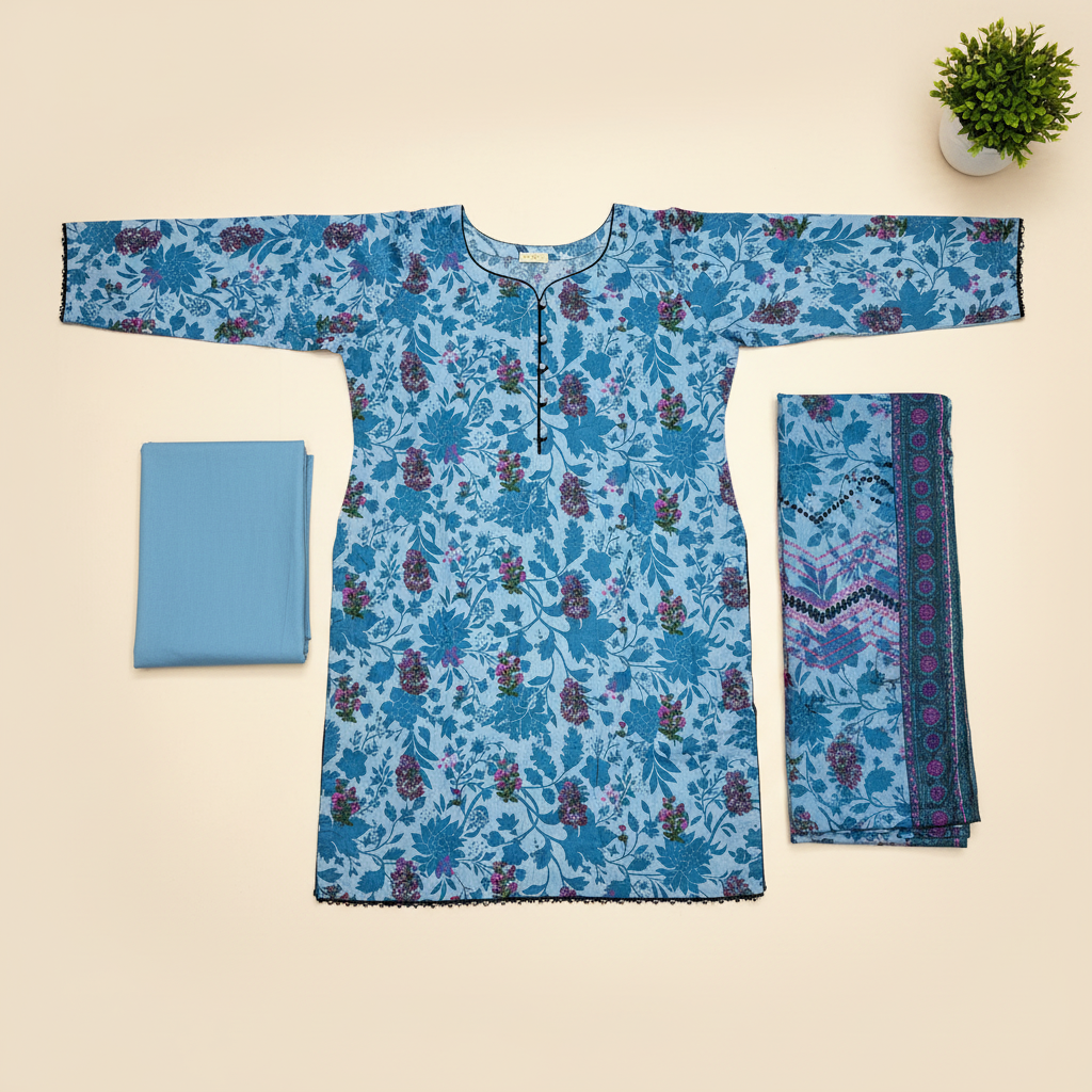 Azure Botanical | Premium Printed Lawn | 3 Piece Suit | Summer Casual Wear