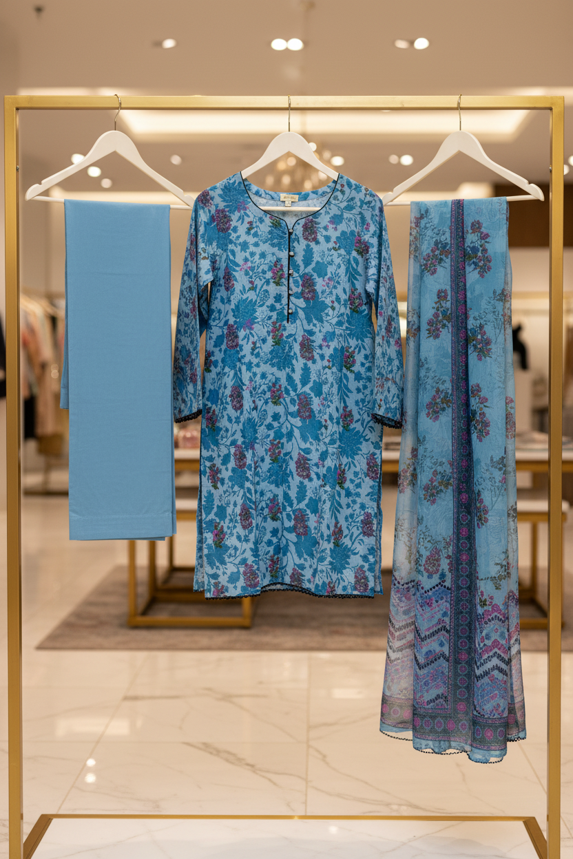 Azure Botanical | Premium Printed Lawn | 3 Piece Suit | Summer Casual Wear