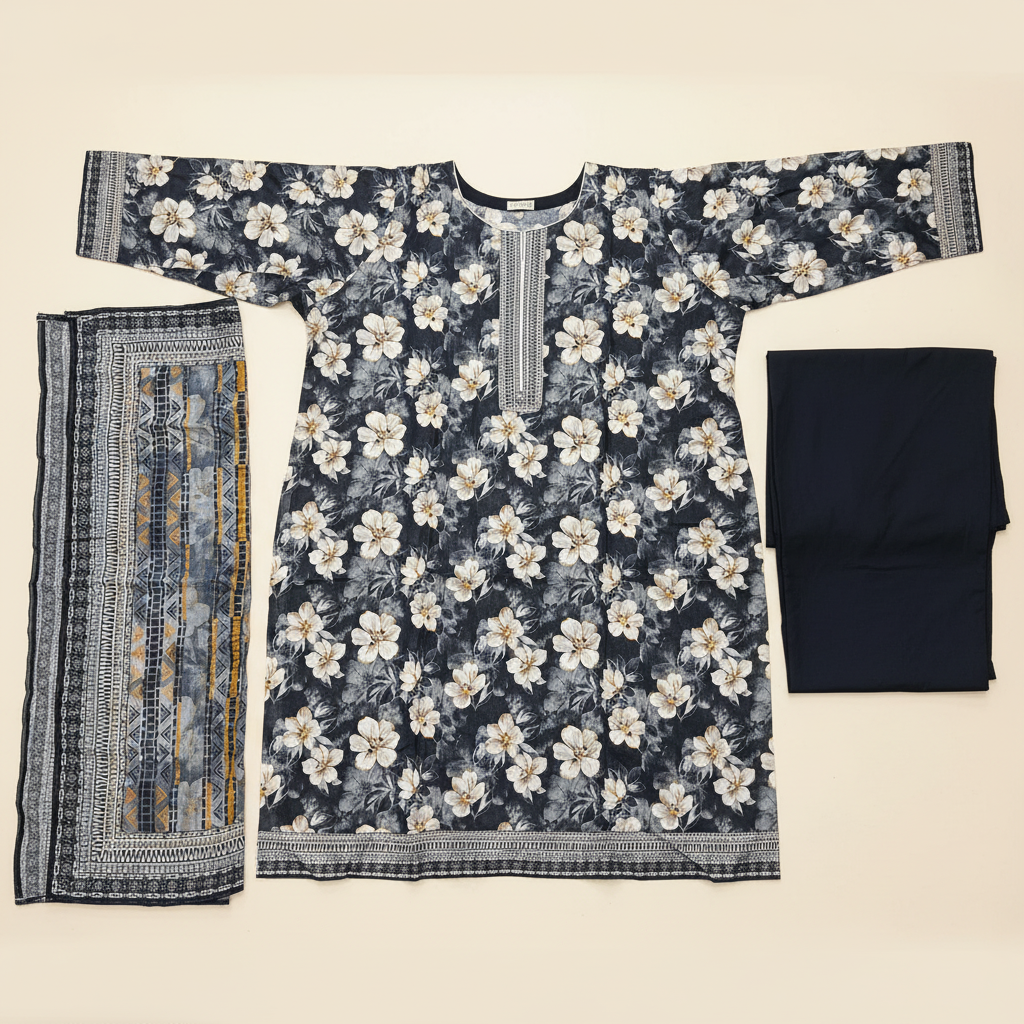 MHK Midnight Blossom | Premium Printed Lawn | Geometric Dupatta | 3 Piece Set
