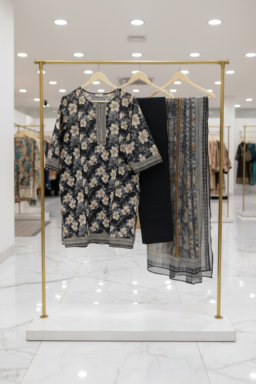MHK Midnight Blossom | Premium Printed Lawn | Geometric Dupatta | 3 Piece Set