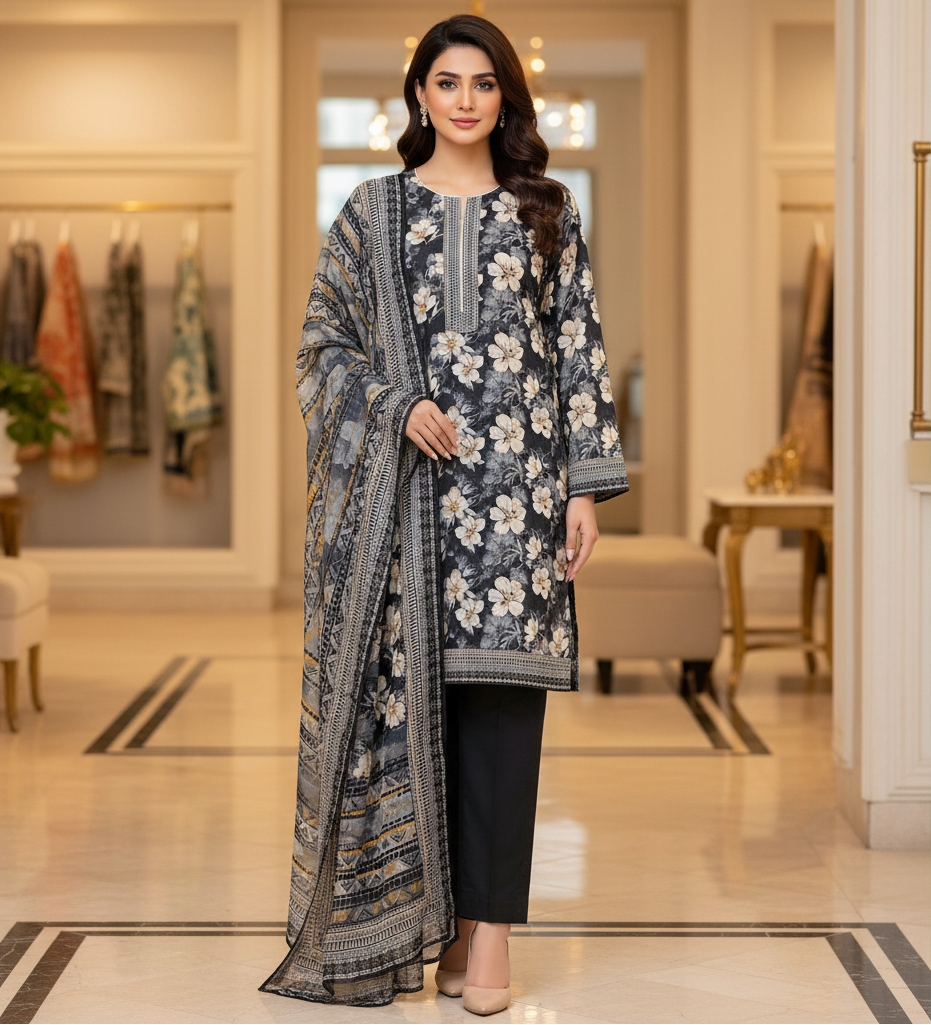MHK Midnight Blossom | Premium Printed Lawn | Geometric Dupatta | 3 Piece Set