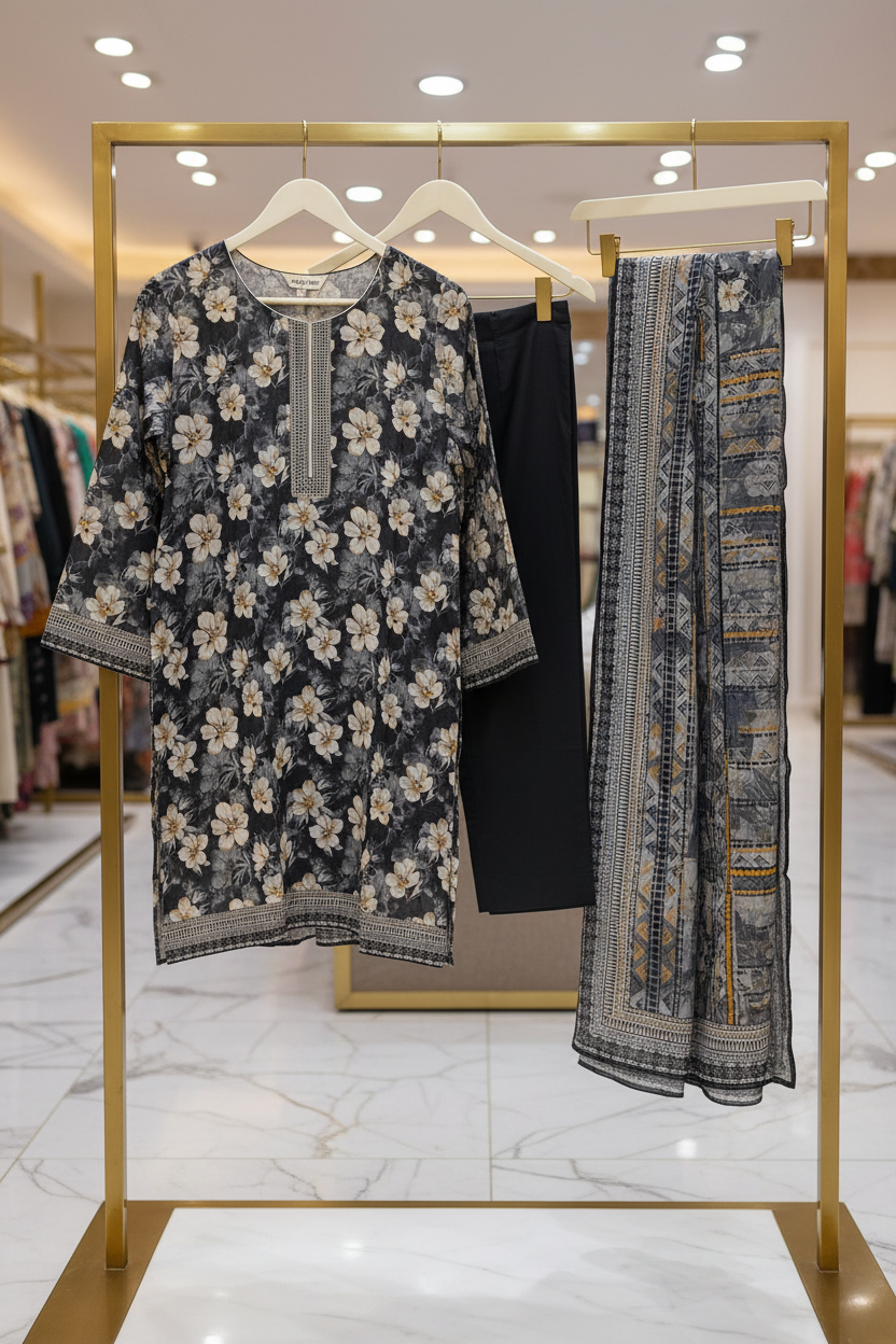MHK Midnight Blossom | Premium Printed Lawn | Geometric Dupatta | 3 Piece Set