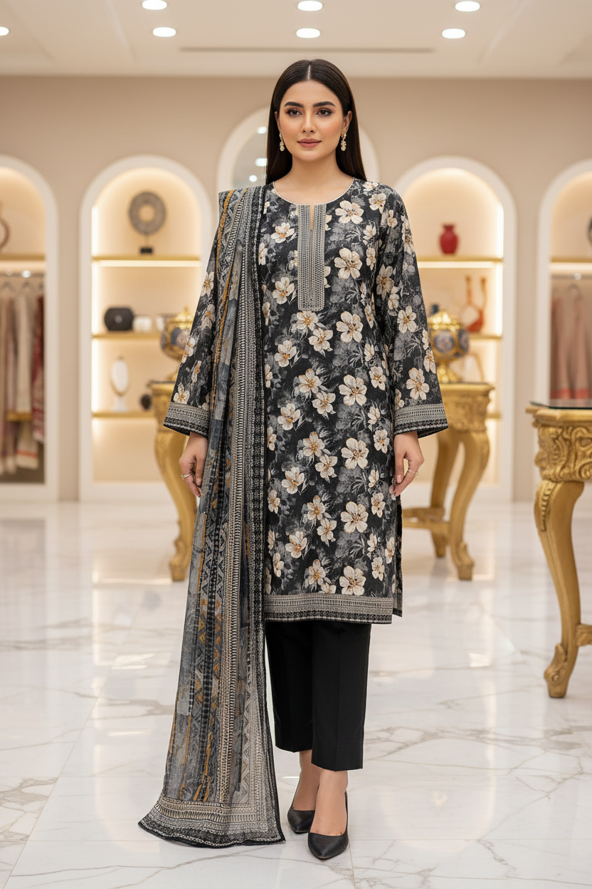 MHK Midnight Blossom | Premium Printed Lawn | Geometric Dupatta | 3 Piece Set