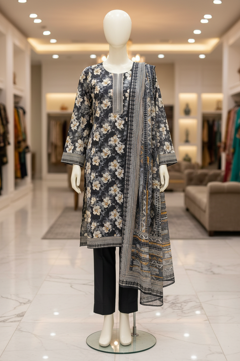 MHK Midnight Blossom | Premium Printed Lawn | Geometric Dupatta | 3 Piece Set