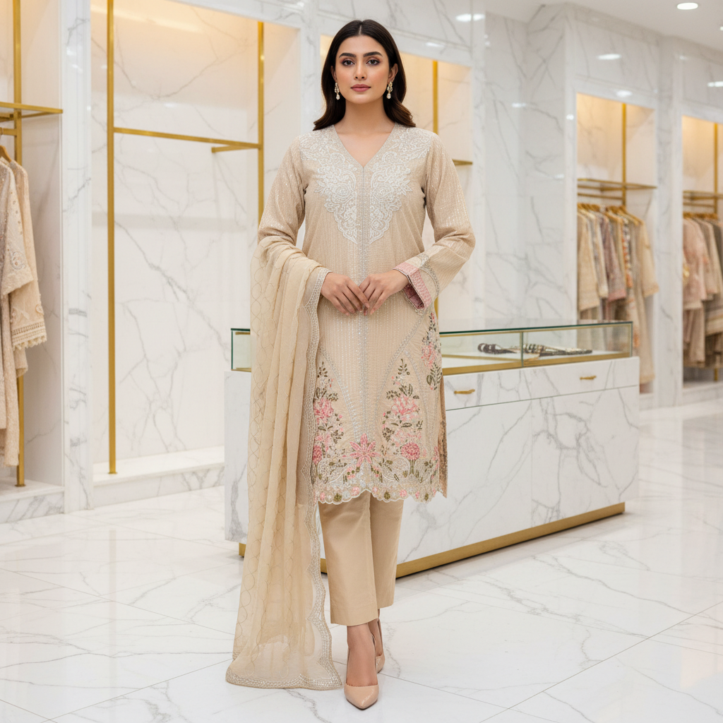 MB Premium Beige Cotton Embroidered Suit | Embroidered Dupatta | Plain Straight Trouser