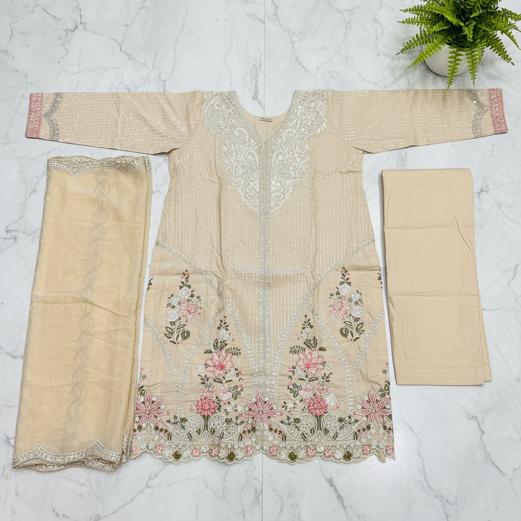 MB Premium Beige Cotton Embroidered Suit | Embroidered Dupatta | Plain Straight Trouser