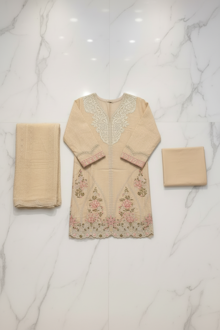 MB Premium Beige Cotton Embroidered Suit | Embroidered Dupatta | Plain Straight Trouser