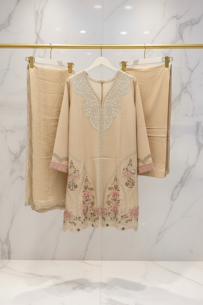 MB Premium Beige Cotton Embroidered Suit | Embroidered Dupatta | Plain Straight Trouser