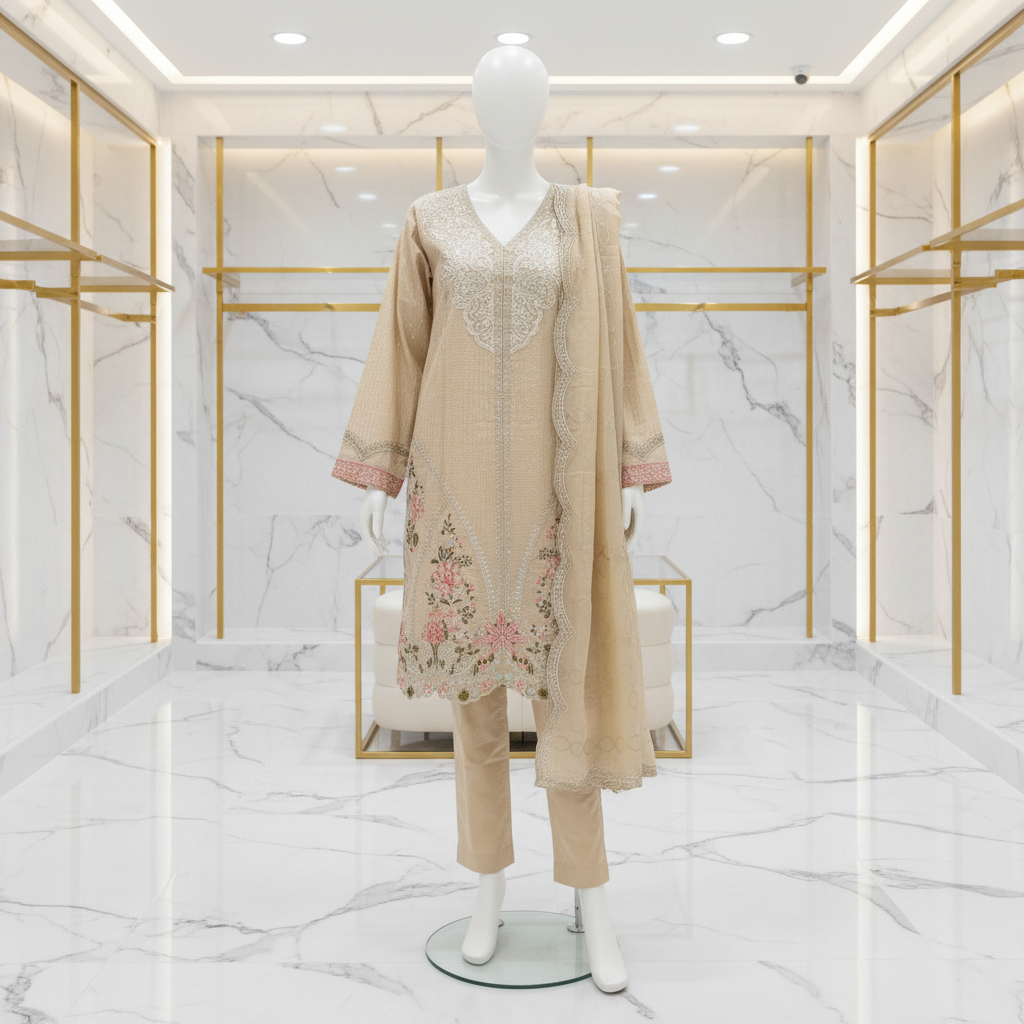 MB Premium Beige Cotton Embroidered Suit | Embroidered Dupatta | Plain Straight Trouser