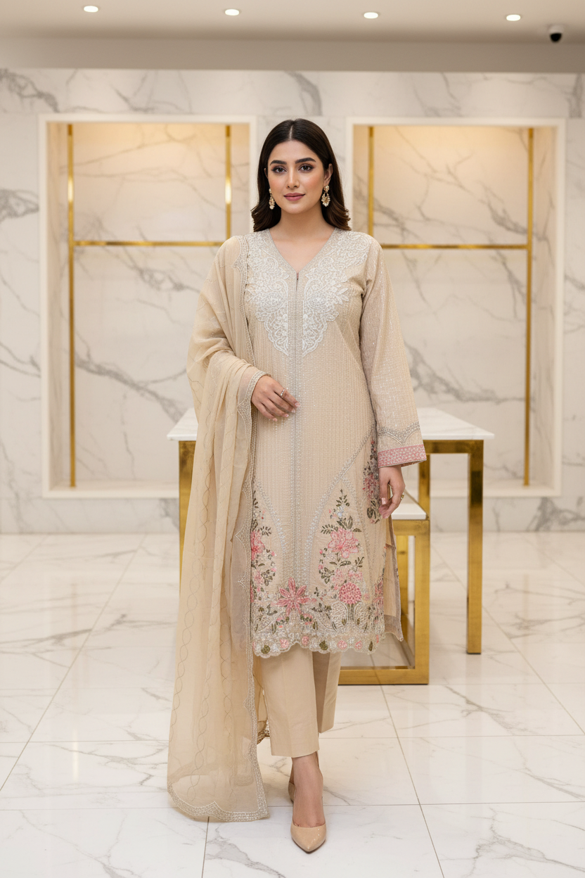 MB Premium Beige Cotton Embroidered Suit | Embroidered Dupatta | Plain Straight Trouser