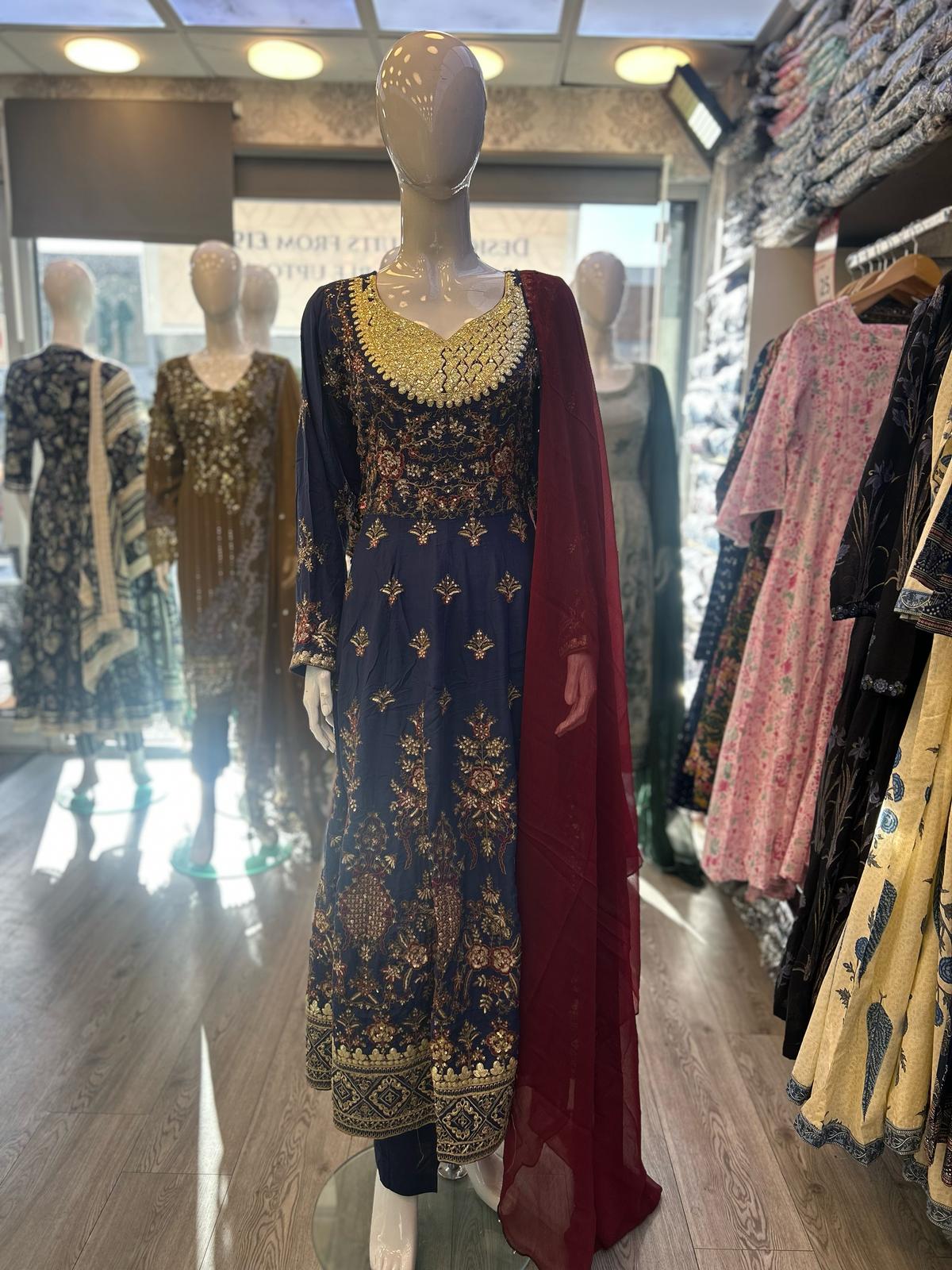 Navy blue with antique gold and red colour all over thread and zari embroidery dress in linen fabric with dupatta trousers in sizes (M to 7XL)-womenswear traditional plus size comfort dress