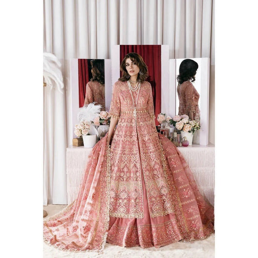 AFZ flamingo pink colour embroidered long dress in organza fabric and dupatta embroidery womenswear plus size traditional dress - AdoreByKhwahish