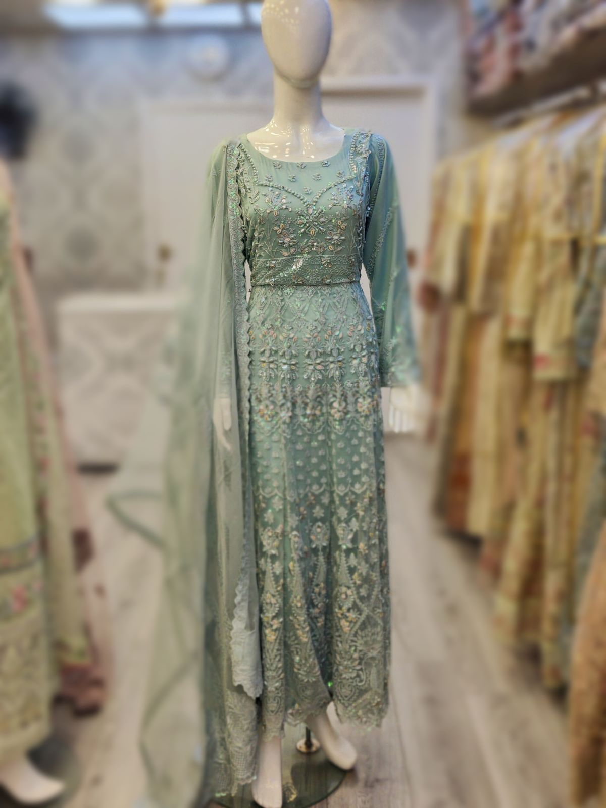 AFZ Light blue colour embroidered long dress and dupatta embroidery in net fabric womenswear plus size traditional dress - AdoreByKhwahish