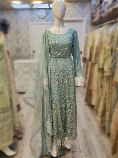 AFZ Light blue colour embroidered long dress and dupatta embroidery in net fabric womenswear plus size traditional dress - AdoreByKhwahish