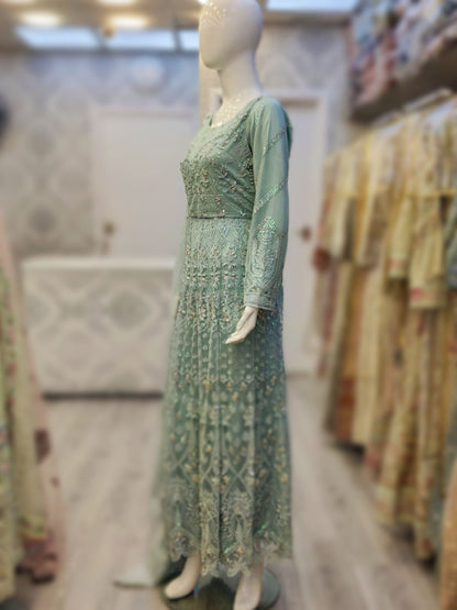 AFZ Light blue colour embroidered long dress and dupatta embroidery in net fabric womenswear plus size traditional dress - AdoreByKhwahish