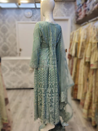 AFZ Light blue colour embroidered long dress and dupatta embroidery in net fabric womenswear plus size traditional dress - AdoreByKhwahish