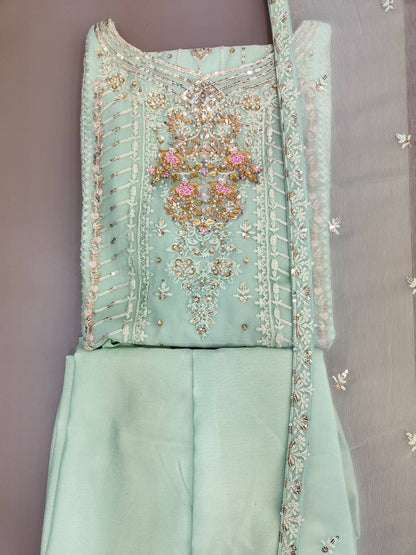 AG Aqua Blue Colour Embroidered Shalwar Kameez and Embroidered Dupatta in Chiffon Fabric in Sizes (S to M) womenswear traditional dress - AdoreByKhwahish