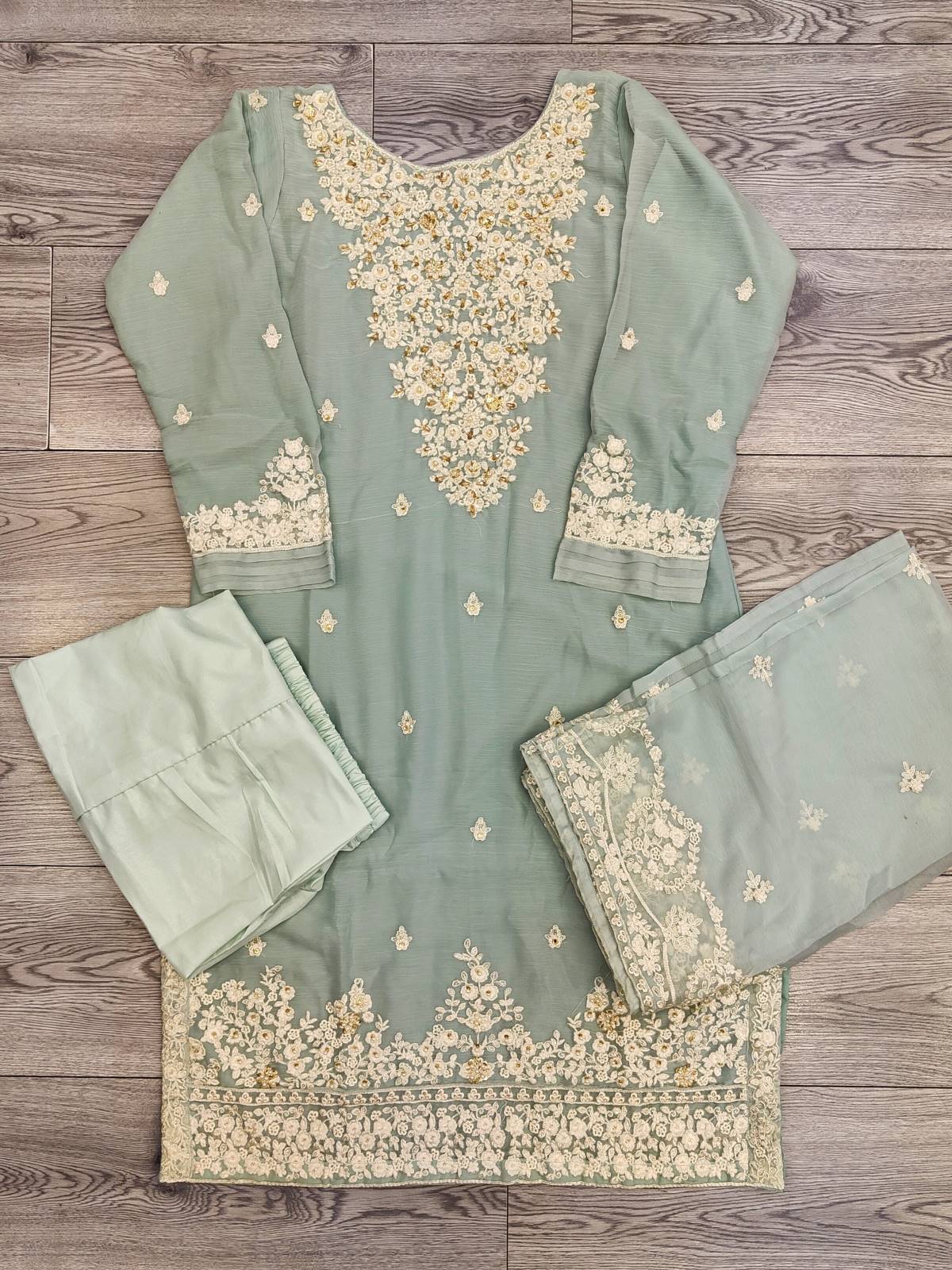 AG Arctic Blue With White And Gold Colour Embroidery Shalwar Kameez Chiffon Fabric Embroidered Dupatta in Sizes (S to 7XL) Womenswear Traditional Plus size - AdoreByKhwahish