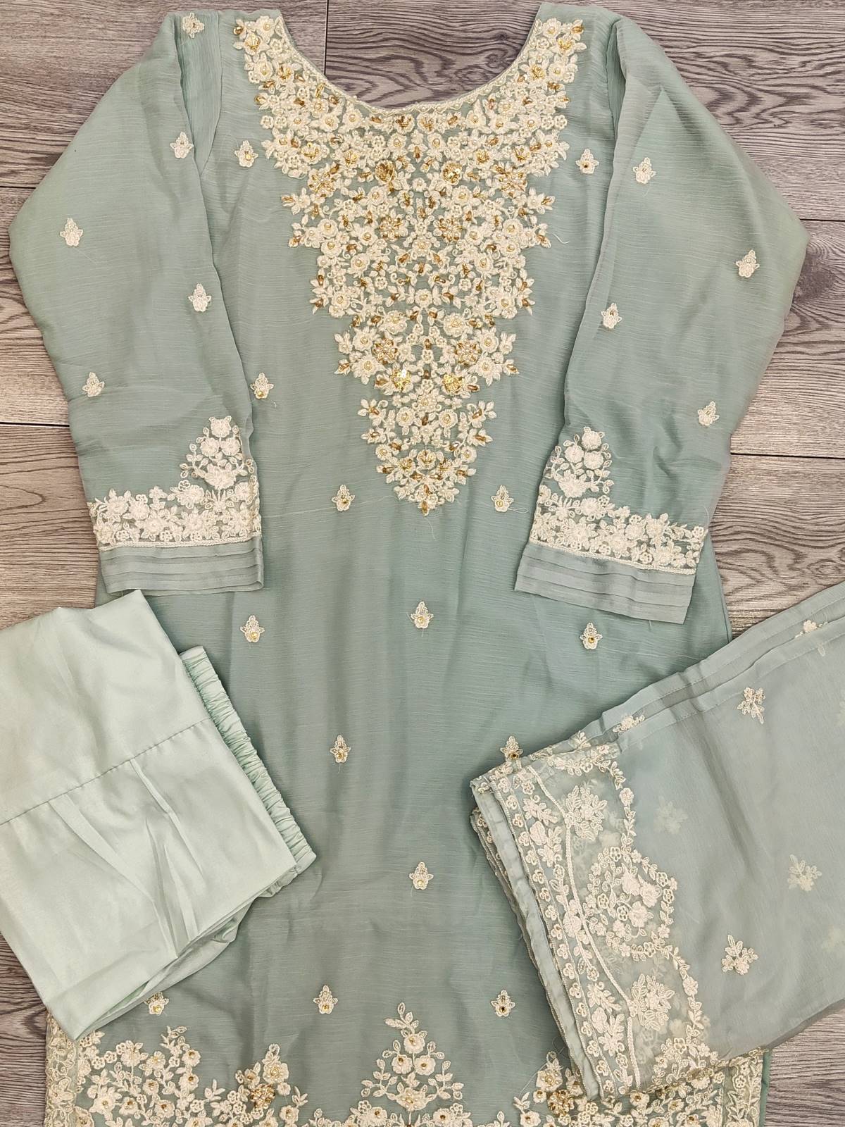 AG Arctic Blue With White And Gold Colour Embroidery Shalwar Kameez Chiffon Fabric Embroidered Dupatta in Sizes (S to 7XL) Womenswear Traditional Plus size - AdoreByKhwahish