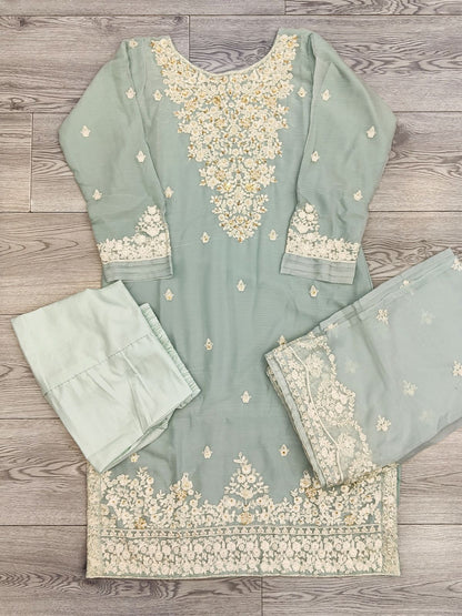 AG Arctic Blue With White And Gold Colour Embroidery Shalwar Kameez Chiffon Fabric Embroidered Dupatta in Sizes (S to 7XL) Womenswear Traditional Plus size - AdoreByKhwahish