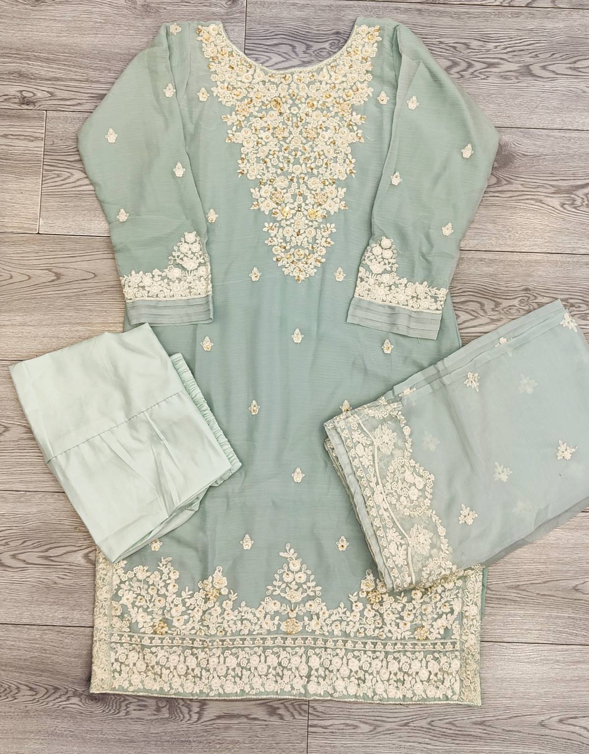 AG Arctic Blue With White And Gold Colour Embroidery Shalwar Kameez Chiffon Fabric Embroidered Dupatta in Sizes (S to 7XL) Womenswear Traditional Plus size - AdoreByKhwahish