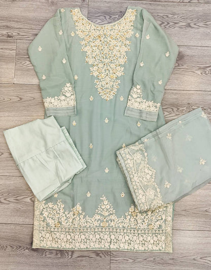 AG Arctic Blue With White And Gold Colour Embroidery Shalwar Kameez Chiffon Fabric Embroidered Dupatta in Sizes (S to 7XL) Womenswear Traditional Plus size - AdoreByKhwahish