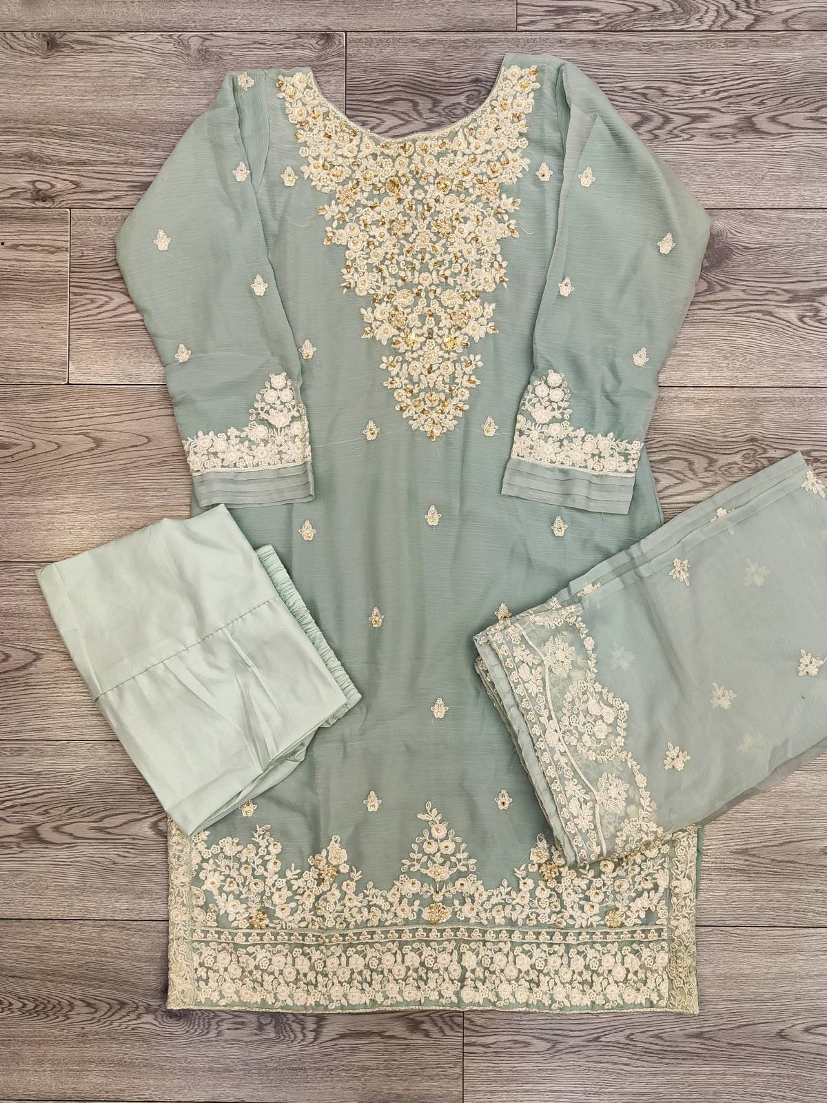 AG Arctic Blue With White And Gold Colour Embroidery Shalwar Kameez Chiffon Fabric Embroidered Dupatta in Sizes (S to 7XL) Womenswear Traditional Plus size - AdoreByKhwahish