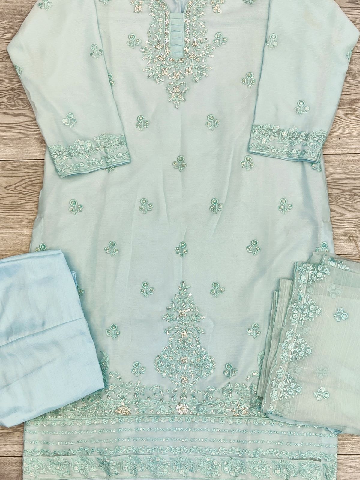 AG Baby Blue with Silver Colour Hand Embroidery Shalwar Kameez Chiffon Fabric Embroidered Dupatta in Sizes (S to 7XL) Womenswear Traditional Plus size - AdoreByKhwahish