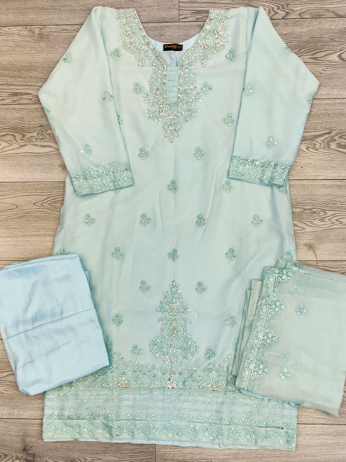 AG Baby Blue with Silver Colour Hand Embroidery Shalwar Kameez Chiffon Fabric Embroidered Dupatta in Sizes (S to 7XL) Womenswear Traditional Plus size - AdoreByKhwahish