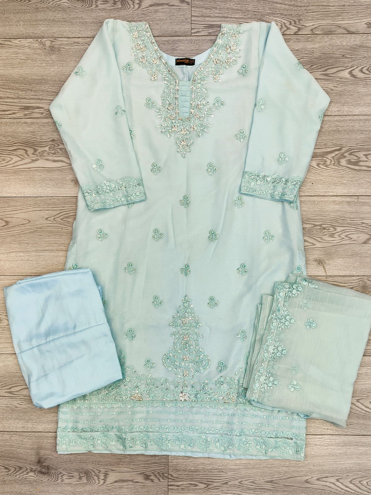 AG Baby Blue with Silver Colour Hand Embroidery Shalwar Kameez Chiffon Fabric Embroidered Dupatta in Sizes (S to 7XL) Womenswear Traditional Plus size - AdoreByKhwahish