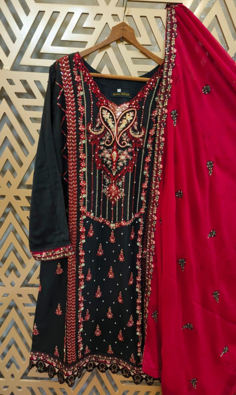 AG Black And Red Colour Dupatta Embroidered Shalwar Kameez in Chiffon Sizes (S to 6XL) - AdoreByKhwahish