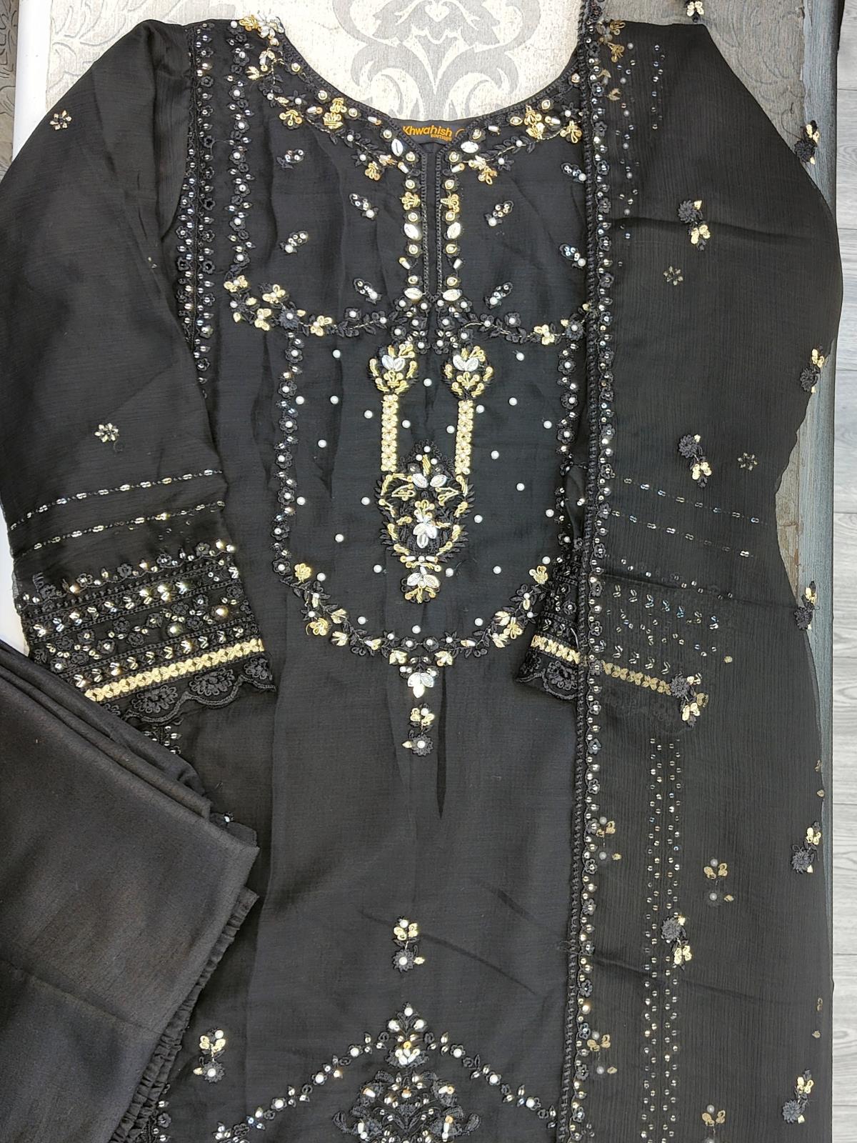 AG Black with Gold Colour Embroidery Shalwar Kameez Chiffon Fabric Embroidered Dupatta in Sizes (S to 7XL) Womenswear Traditional Plus size - AdoreByKhwahish