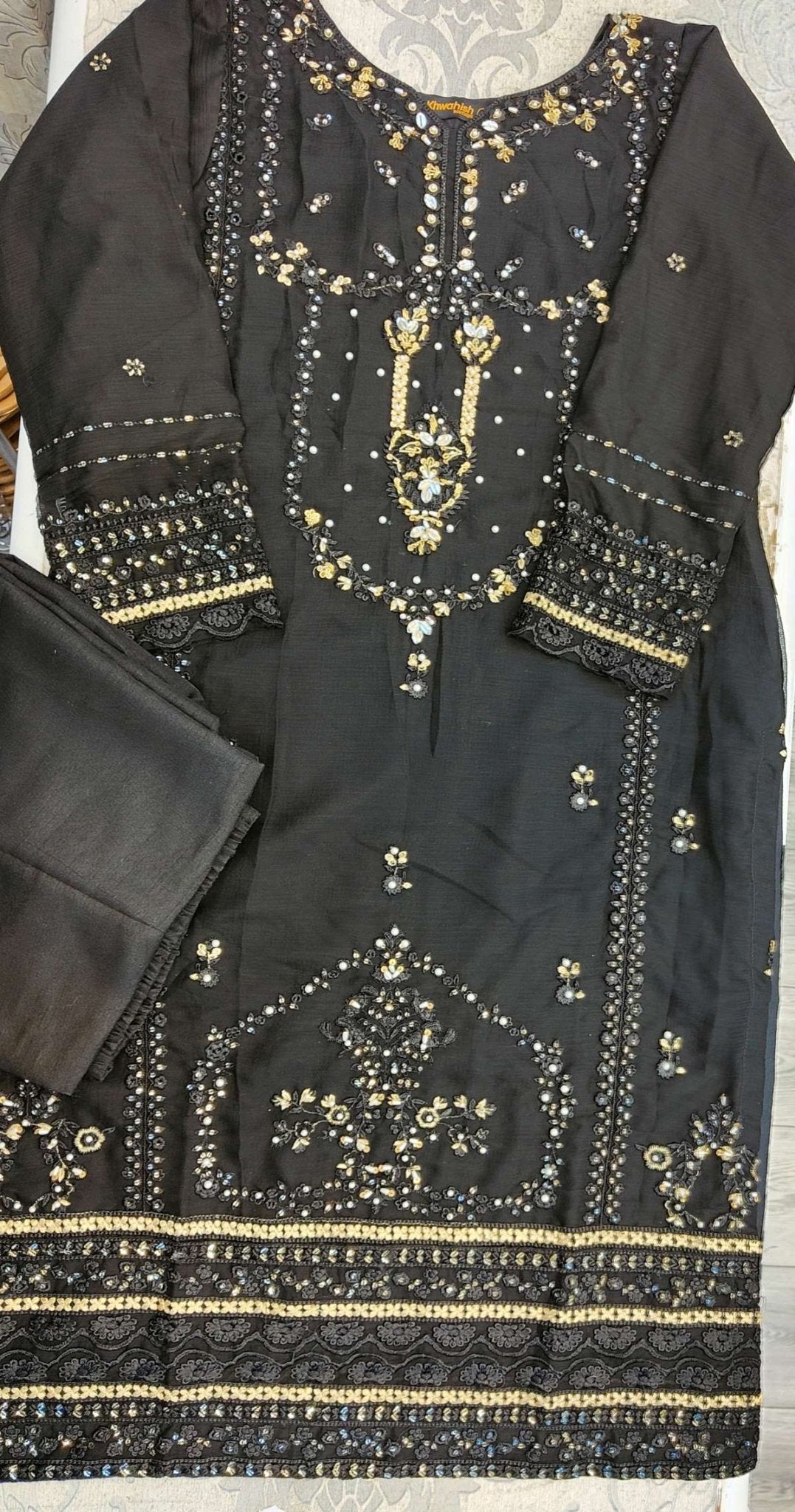 AG Black with Gold Colour Embroidery Shalwar Kameez Chiffon Fabric Embroidered Dupatta in Sizes (S to 7XL) Womenswear Traditional Plus size - AdoreByKhwahish