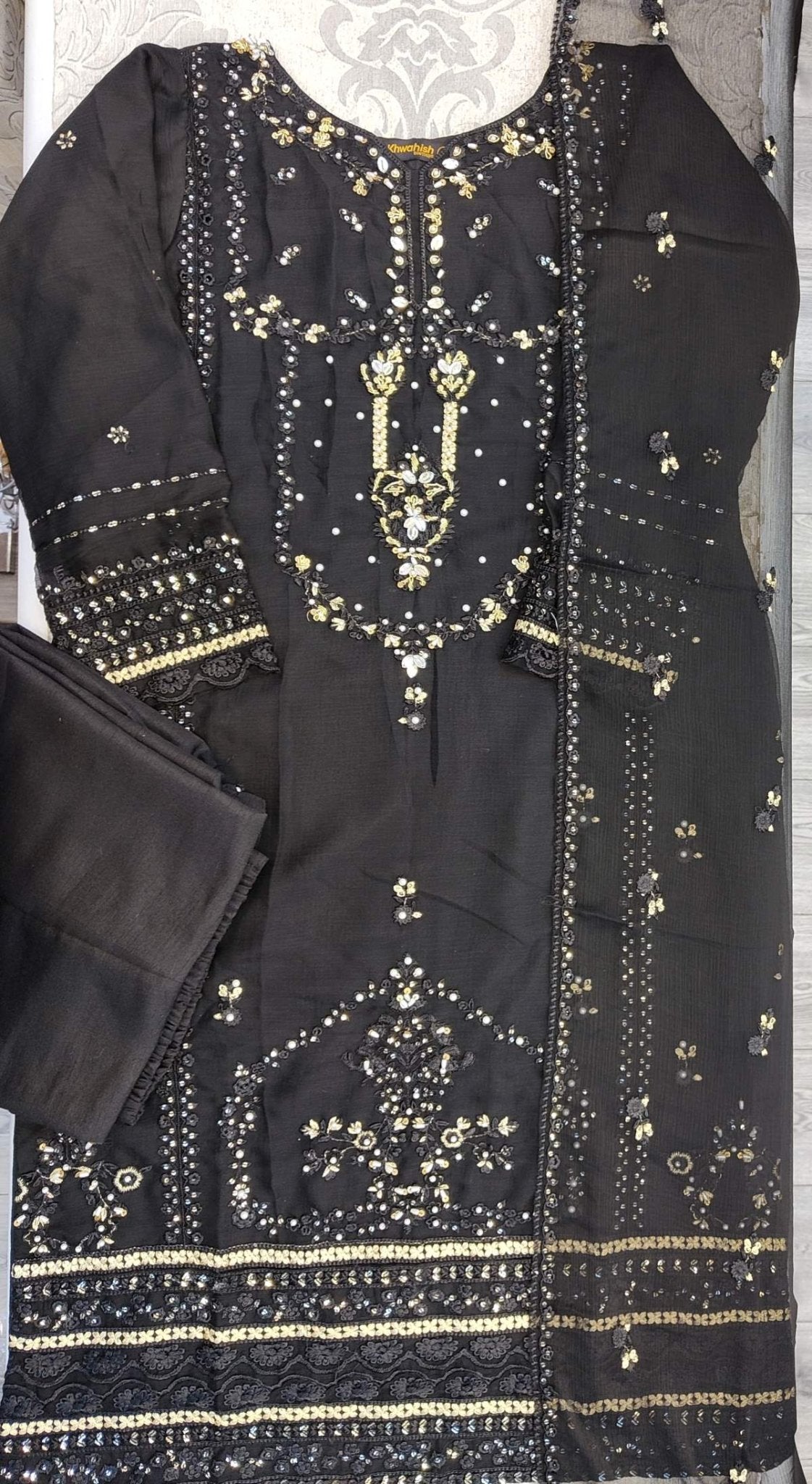 AG Black with Gold Colour Embroidery Shalwar Kameez Chiffon Fabric Embroidered Dupatta in Sizes (S to 7XL) Womenswear Traditional Plus size - AdoreByKhwahish