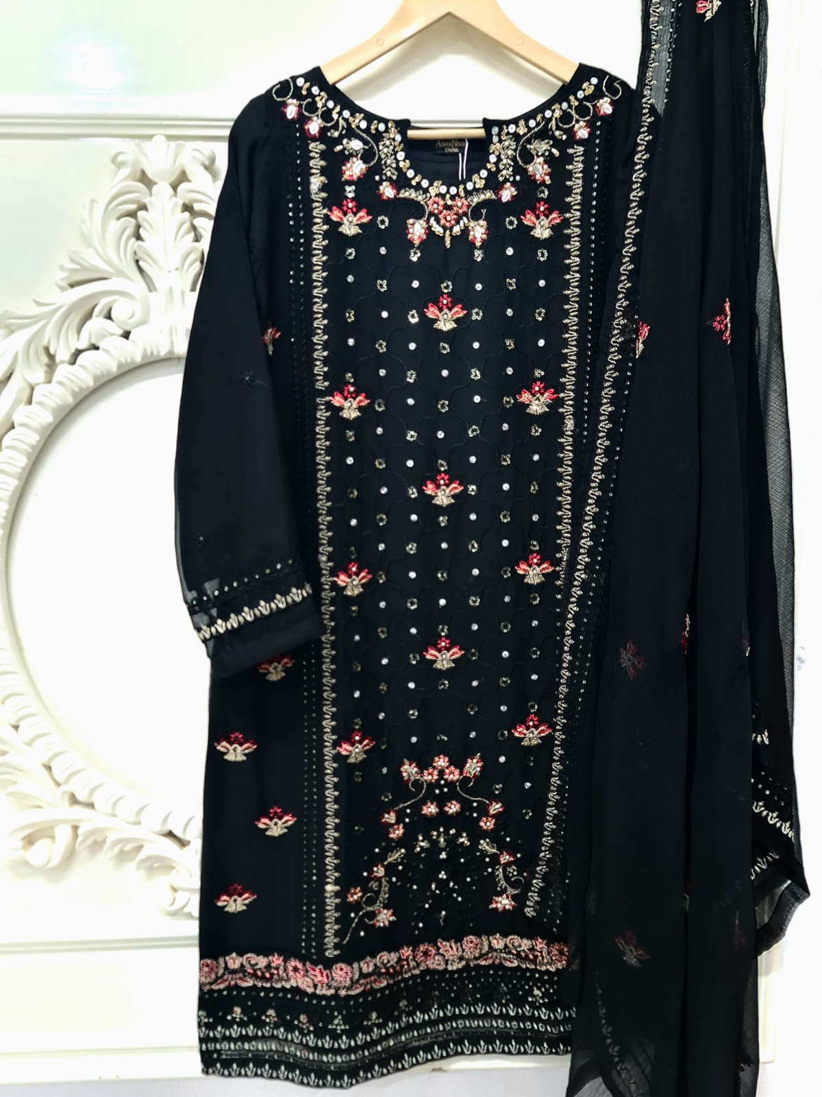 AG Black with Red Gold Colour Embroidery Shalwar Kameez Chiffon Fabric Embroidered Dupatta in Sizes (S to 7XL) Womenswear Traditional Plus size - AdoreByKhwahish